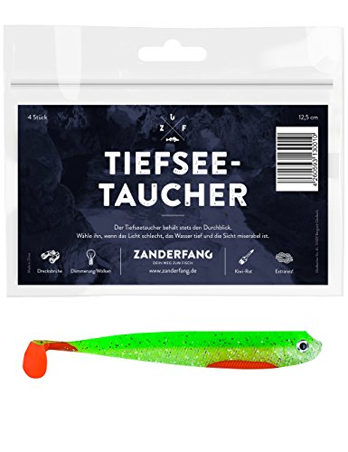 Zanderfang 4 Gummifische zum Zanderangeln mit Gummifisch Tiefseetaucher | grün | 12,5 cm