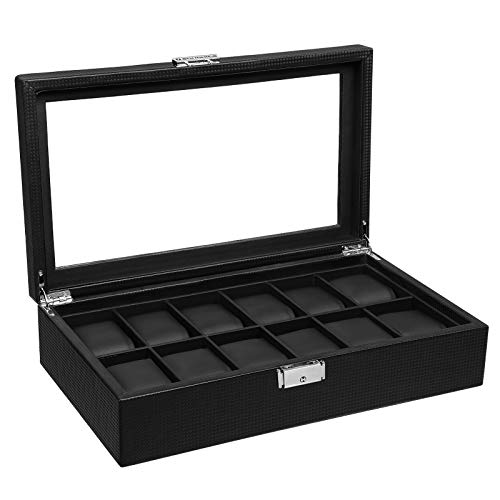 SONGMICS Uhrenbox mit 12 Fächern, großer Uhrenkasten mit Glasdeckel, mit PU-Bezug, Samt-Innenfutter, Metallverschluss, Tolles Geschenk für die liebsten, Schwarz JWB302H