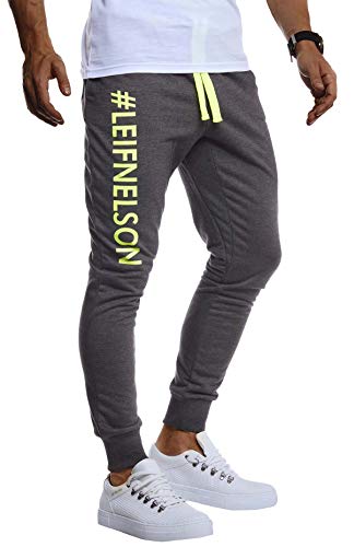 Leif Nelson Herren Trainingshose Sporthose Slim Fit Männer Fitnesshose Jogginghose Lange Fitness-Hose für Sport Training Bodybuilding Jungen Sweatpants Jogging LN8295; XL; Anthrazit-Gelb