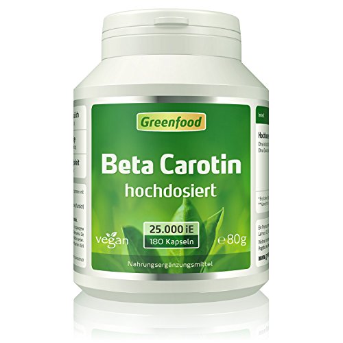Greenfood Beta Carotin, 25000 iE, extra hochdosiert, 180 Vegi-Kapseln – Vorstufe von Vitamin A (Bräune, Hautschutz, Sehschärfe Immunsystem). OHNE künstliche Zusätze. Ohne Gentechnik. Vegan.