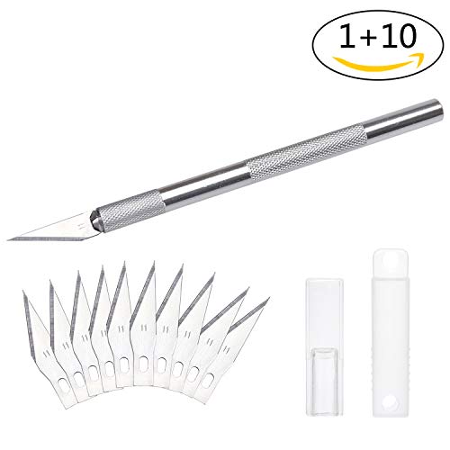 DealKits Skalpell Set, inkl. 10x SK5 Ersatzklingen und Schutzkappe, Bastelmesser Cuttermesser Comfortline Hobby-Skalpell Schnitzmesser zum Schneiden von Fondant Stoff Kohlefolie Basteln (Silber)