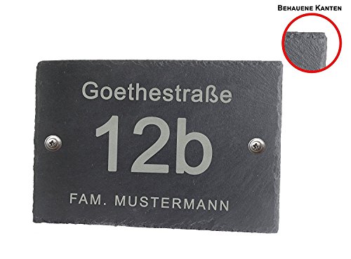 Hausnummer aus Schiefer Hausnummernschild Schiefertafel BK 30x20 cm groß mit Lasergravur Name Str. Nr. und Ihrem Text/Daten in der gewünschten Schriftart von Feiner-Tropfen