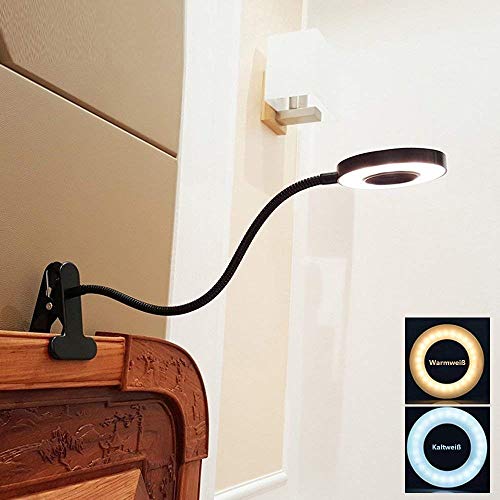 LED Klemmleuchte Bett Leselampe Kleine Schreibtischlampe Klemmlampe Clip Tischlampe 6W Schwarz mit 2 Lichtfarben: Kaltweiß und Warmweiß (Ohne Adapter)
