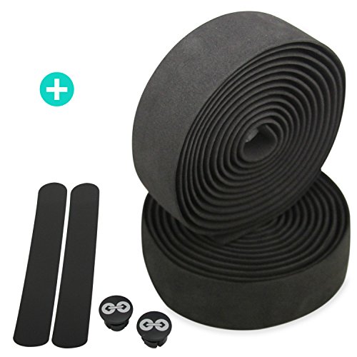 URBAN ZWEIRAD Reißfestes Fahrrad Lenkerband inkl. Endstopfen und Klebestreifen - extra rutschfest und einfach anzubringen - 200 cm x 3 cm - 3 mm Stärke (Schwarz, Elastisch)