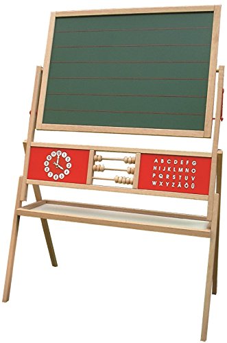 roba Tafel, Standtafel drehbar mit Schreibtafel liniert, Maltafel magnetisch, Uhr, ABC, Abacus und Ablage, Kindertafel Holz, natur