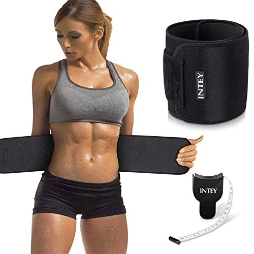 INTEY Bauchweggürtel Schwitzgürtel Neopren Bauchgürtel mit Maßband Waist Trimmer Verstellbarer Fitnessgürtel zum Abnehmen und Muskelaufbau für Herren und Damen, Schwarz