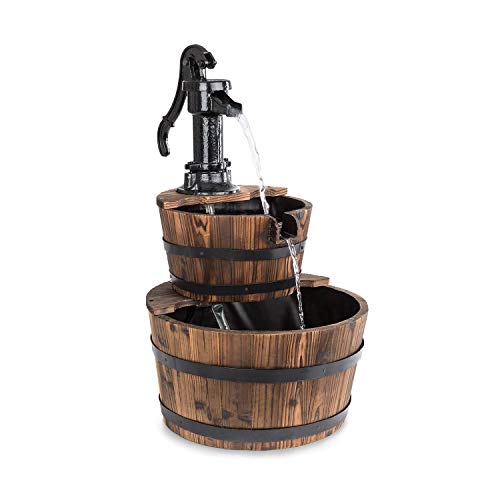 blumfeldt Cascada Doble Kaskadenbrunnen • Zierbrunnen • 2 Etagen Holzfässer • 12 Watt Pumpe • kein Wasserzulauf erforderlich • Holzbottiche aus Tannenholz • Handpumpe aus Gusseisen • braun