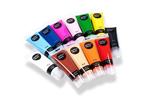 perfect ideaz 12 x 75 ml Acryl-Farbe-Set bunt, 12 Verschiedene Kreativ-Mal-Farben in Tube, Hoher Anteil an Farb-Pigmenten, Acrylic Paint hoch-Deckend & schnell-trocknend, ideal zum Malen & Zeichnen