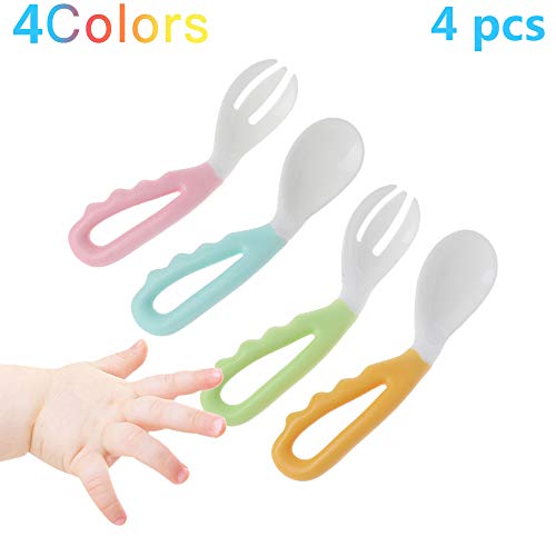 cholinchin 4 Stück Temperaturempfindlich Einfach zu halten Baby Löffel und Gabel Set mit Gebogen Griff Weich Lernen Besteck für Dose Baby Kleinkinder Lernen zu Essen BPA frei