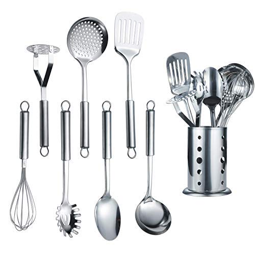 Berglander Edelstahl-Küchengerät 7-teilig mit 1 Ständer, geschlitztem Tuner, Schöpfkelle, Abschäumer, Servierlöffel, Pasta Server, Kartoffel-Mäher, Eierbesen Küchenwerkzeuge Set mit Halter.