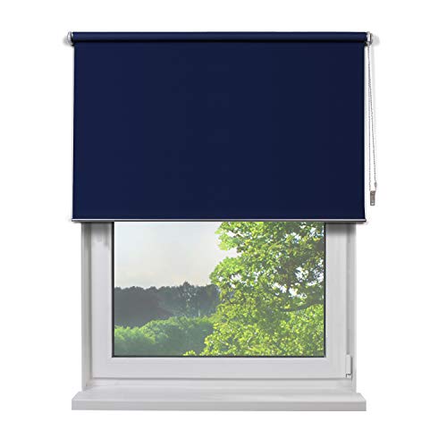 Fertig Verdunkelungs-Rollo, 140 x 180 cm (BxH), Farbe Blau, zum Bohren und Schrauben, verdunkelnd und Blickdicht, Rollos für Fenster, Seitenzug-Rollo