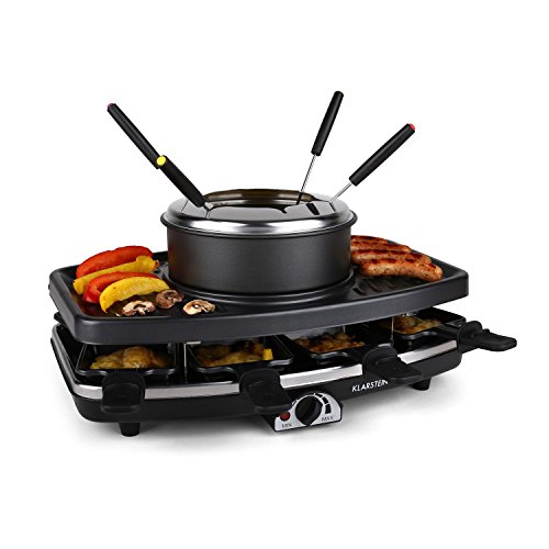 Klarstein Entrecote Raclette • Fondue • Tischgrill • Partygrill • 1100 Watt • stufenlos regulierbare Temperatur • inkl. 8 Pfännchen • Antihaftbeschichtung • 1 x Fondue Topf • inkl. 6 Fonduegabeln • 1 x Natursteinplatte • fettarmes Grillen • schwarz-silber