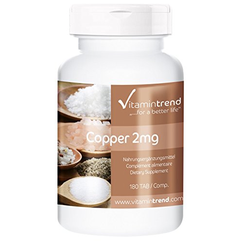 Kupfer 2mg in Chelat-Form, vegan, Nahrungsergänzung, ohne Magnesiumstearat, 180 Kupfer-Tabletten für 6 Monate, für Immunsystem, Bindegewebe, Haut und Haare