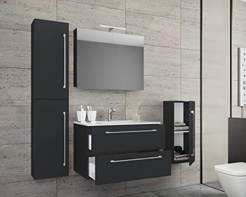 VCM Waschplatz Badinos 80 cm: Schwarz + Spiegelschrank