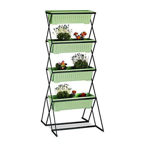 Relaxdays Vertikalbeet mit 4 Blumenkästen, Stahl, Indoor, Outdoor Nutzung, faltbares Hochbeet, Kräuterturm, schwarz