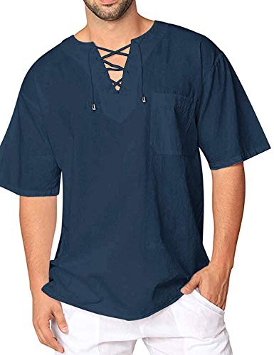 Burlady T-Shirt Baumwolle Yoga Shirt Hippie Fisherman Sommerhemd Top Leinenhemd luftig schnelltrockend (70-blau, XL)