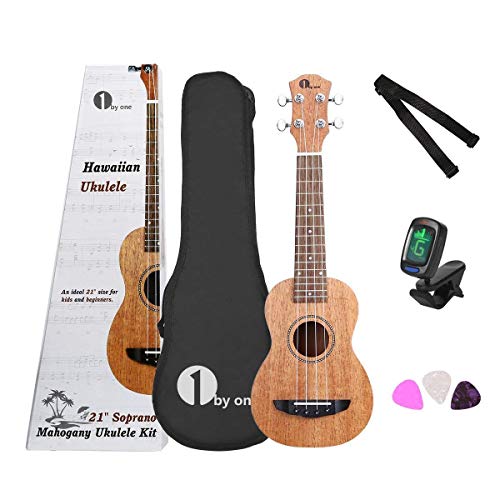 1byone Konzert Ukulele 21 Zoll aus Mahagoni mit Digital-Tuner, 3 Plektren, Gurt und schwarzer Konzert Tasche