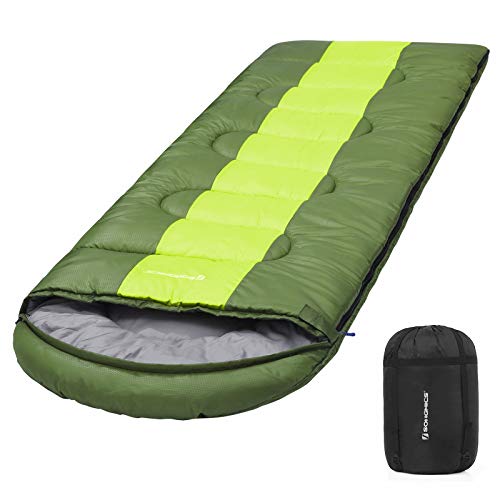 SONGMICS Camping Schlafsack mit Kompressionsbeutel, breiter Trekkingschlafsack für alle 4 Jahreszeiten, leicht zu tranportieren, kompakt, für Camping, 220 x 84 cm, Komforttemperatur 5-15°C, GSB02AJ