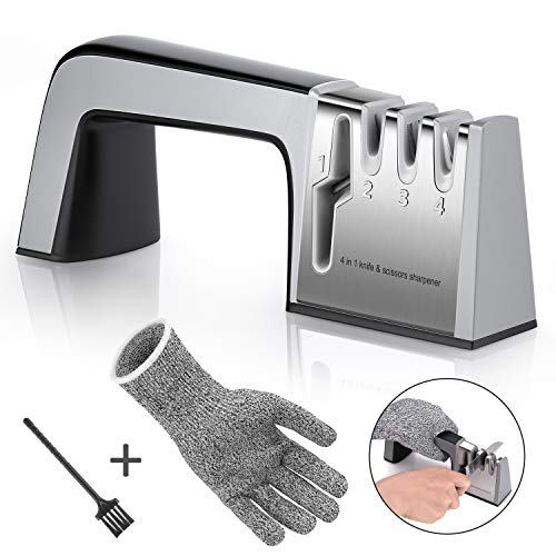Joyoldelf Messerschärfer 4 in 1 Messerschleifer Profi-Küchenmesser schärfen Haushaltsmesser Formen und Schärfen, Knife Sharpener mit Reinigungsbürste und Schnittfeste Handschuhe