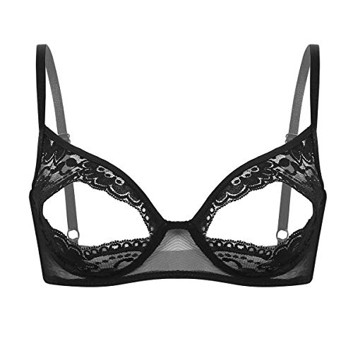 Freebily Damen Wetlook Dessous Glänzende Ouvert-BH Spitze Bralette Leder-Optik Büstenhebe Büstenhalter Erotik Unterwäsche Lingerie Reizwäsche Schwarz C Medium