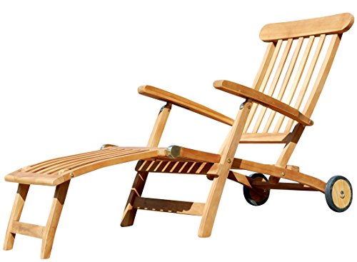 ASS Hochwertiger Teak Steamer DECKCHAIR Deckstuhl Liegestuhl Sonnenliege Gartenliege Relaxsessel Holz mit Rädern Luna
