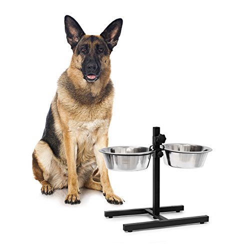 Relaxdays Doppelnapf aus Edelstahl, H x B x T: 42 x 53 x 26 cm, mit Napfständer, höhenverstellbar, rutschfest, silber