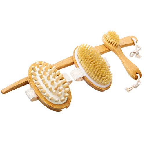 Tooca Badebürsten Set, Körperbürste & Massagebürste mit abnehmbaren Holzgriff, drei Sätze von natürlichen Borsten Rückenmassage Rückenbürstel Set, Trockene Hautbürste.