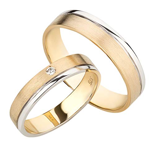 Ardeo Aurum Trauringe aus 375 Gold bicolor Gelbgold Weißgold mit 0,02 ct Diamant Brillant hochglanzpoliert-matt Eheringe Paarpreis