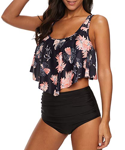 Durio Bikini High Waist Damen Zweiteiliger Bikini Set Hohe Taille Bikinihose mit Langem Volant Chrysantheme-Schwarz EU 38-40 (Herstellergröße M)