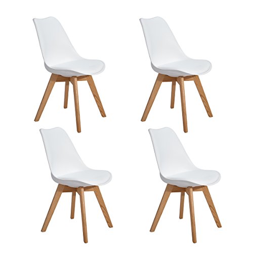 4er Set Esszimmerstühle mit Massivholz Eiche Bein, Retro Design Gepolsterter lStuhl Küchenstuhl Holz, Weiß