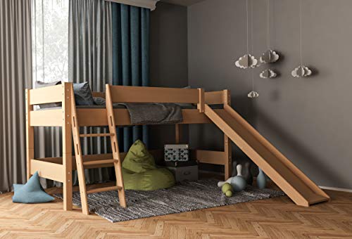 Furnneo Hochbett Weiß für Kinder 100% aus Buche, Kinderbett,Spielbett Halbhochbett Absturzsicherung & Leiter, Liegefläche 90 x 200 cm