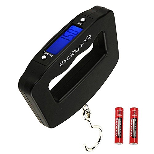 HANWELL Elektronische Gepäckwaage mit 4 untis (Kg /g /oz), 50kg Tragbare Handheld Travel Hängewaagen mit Hintergrundbeleuchtung Display /Tare/Data Hold Funktion (Batterien enthalten)