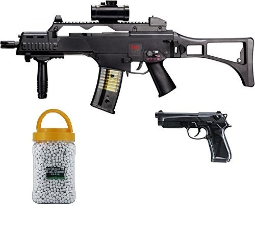 SET: HK Heckler & Koch G36 C AEG ELEKTRISCH Softair Gewehr + Softair Pistole Beretta 90 two Federdruck + G8DS PREMIUM BIO BB Softairkugeln weiß 6mm 0,20g 5000 BBs