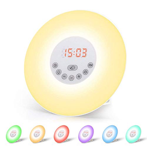 Wecker Wake Up Light Lichtwecker, mit 7 Wecktöne (inkl. 2Naturklänge und FM), 7Farben, 10Dimmstufen, Sonnenaufgangssimulator, Nachtlicht mit Adapter, Wecker für Kinder oder Erwachsene(Neue Version) (6638)