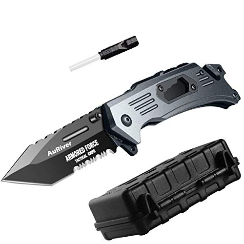6-in-1 Klappmesser Outdoor Extra Scharf,Taschenmesser mit Überzug Titan Edelstahl, Jagdmesser mit Anspitzer Pfeifen Flaschenöffner Schraubenzieher Glasbrecher Gurtschneider