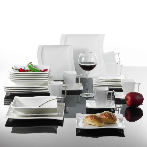 Malacasa, Serie Flora, 30 tlg. Cremeweiß Porzellan Geschirrset Kombiservice Tafelservice im leichten Kurveform Design mit je 6 Kaffeetassen, 6 Untertassen, 6 Dessertteller, 6 Suppenteller und 6 Flachteller