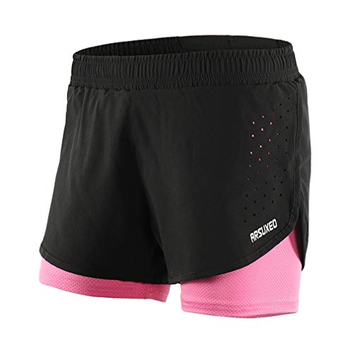 X-Labor Damen 2 in 1 Sport Shorts Kurz Laufhose Mesh Innen Fitness Gym Yoga Laufshorts Trainingsshorts Sporthose schwarz rosa M