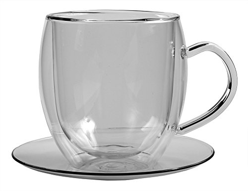 Feelino Bullino große doppelwandige 400 ml Glas-Thermotasse mit Untersetzer edle und extra große Glas-Teetasse / Kaffeetasse mit Schwebeeffekt, Glastasse mit Henkel und Untersetzer im Geschenkkarton