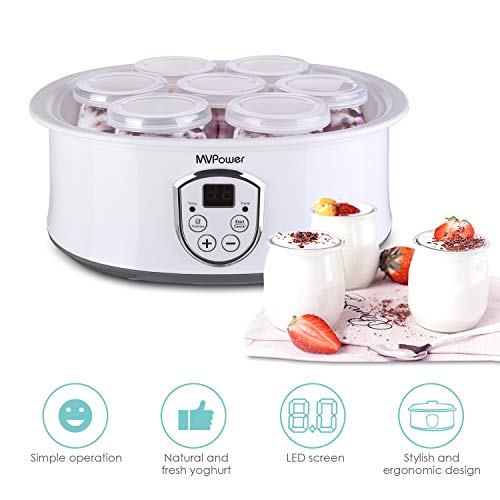 MVPower Joghurtbereiter elektrischer Joghurt-Maker joghurtmaschine mit LCD Display/Temperaturregelung/Timer/einfach zu reinigen/Überhitzungsschutz/Edelstahlrahmen/7 Gläsern(180ml/stück)