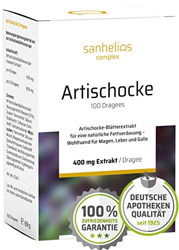 Sanhelios Artischocke-Blätterextrakt für eine natürliche Fettverdauung | 400 mg nativer Extrakt je Dragee | 100 Drages | Nur natürliche & pflanzliche Zutaten | Apothekenqualität