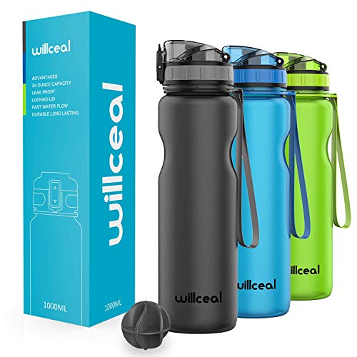 Sport Trinkflasche, BPA Frei Tritan, 1L (36oz), Premium Auslaufsicher Kunststoff Wasserflasche Sport, Sportflasche Fahrrad für Camping Freien, Radfahren, Wandern, Yoga, Gym und mehr (Grau, 1000ml)