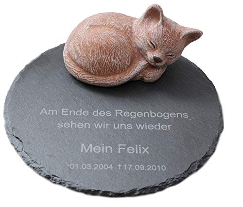Tiefes Kunsthandwerk Gedenkstein aus Schiefer mit Katze für Dein Haustier, mit Wunschtext als Gravur, wunderschöne Erinnerung für Dein Zuhause oder als Grabschmuck, Farbe Schiefergrau