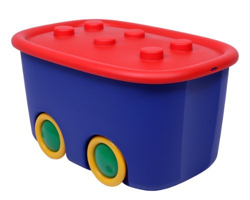 Ondis24 Spielzeugaufbewahrungsbox Spielzeugkiste Aufbewahrungsbox Spielzeugbox Funny mit großen Rädern und aufliegendem Deckel, rot blau
