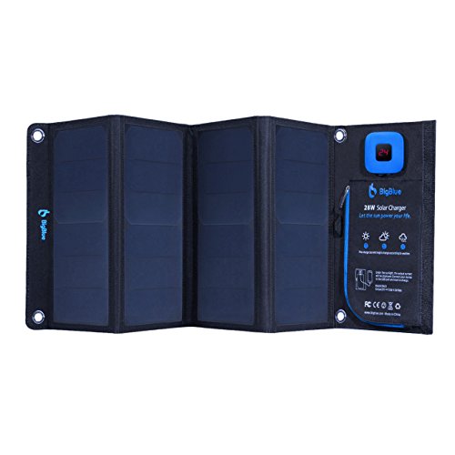 BigBlue 28W tragbar Solar Ladegerät 2-Port USB 4 Wasserdichte Solarpanel mit digital Amperemeter und Reißverschluss zum Schutz - für Wiederaufladen USB-Geräte - iPhone Android GoPro usw, Schwarz