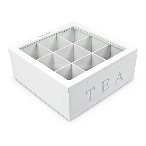Teebox aus Holz | Teekasten in den Farben Weiß und Schwarz | Teekiste mit 6 Fächern oder als große Teebeutelbox mit 9 Fächern , Auswahl:Weiß mit 9 Fächern