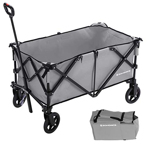 SONGMICS Bollerwagen, Aluminium, bis 150 kg belastbar, Faltbarer Bollerwagen für den Garten, Trolley, tragbarer Transportwagen, mit 4 Rollen, Stahlbremsen, vom TÜV Rheinland geprüft, grau GHT02GY