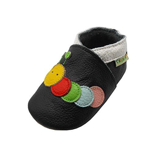 Sayoyo Gänseblümchen WeichesLeder Lauflernschuhe Krabbelschuhe Babyschuhe (6-12 Monate, Schwarz Caterpillar)