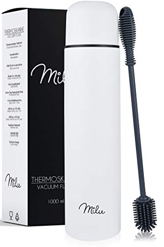Milu Thermosflasche Thermoskanne Isolierflasche 1L - Isolierte Edelstahl Trinkflasche, 100% Auslaufsicher, Doppelwandisolierung (Weiß, 1000 ml)