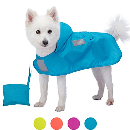 Blueberry Pet 36cm Leichter Verstaubarer Kapuzen-Hunde-Regenmantel Poncho mit 3M Reflektor-Sicherheitsstreifen in Azurblau, Einzelpackung Outdoor Regenjacke für Hunde