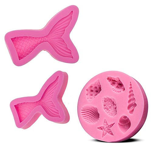 CAVN (Set of 3 Silikon Fondant Kuchen Formen, Antihaft BPA Freie Schokolade, Gelee, Süßigkeiten Schimmel, Cupcake DIY Backen Dekoration Werkzeug, Meerjungfrau Tails (groß + Klein) + Meer Muscheln